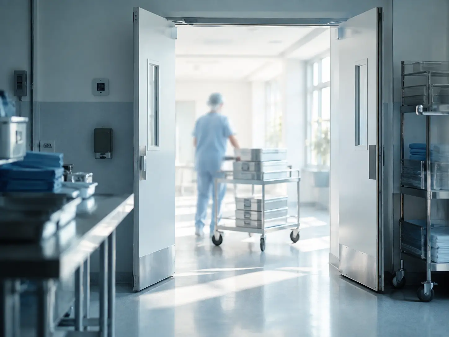 The doors of a surgical block opening at first light