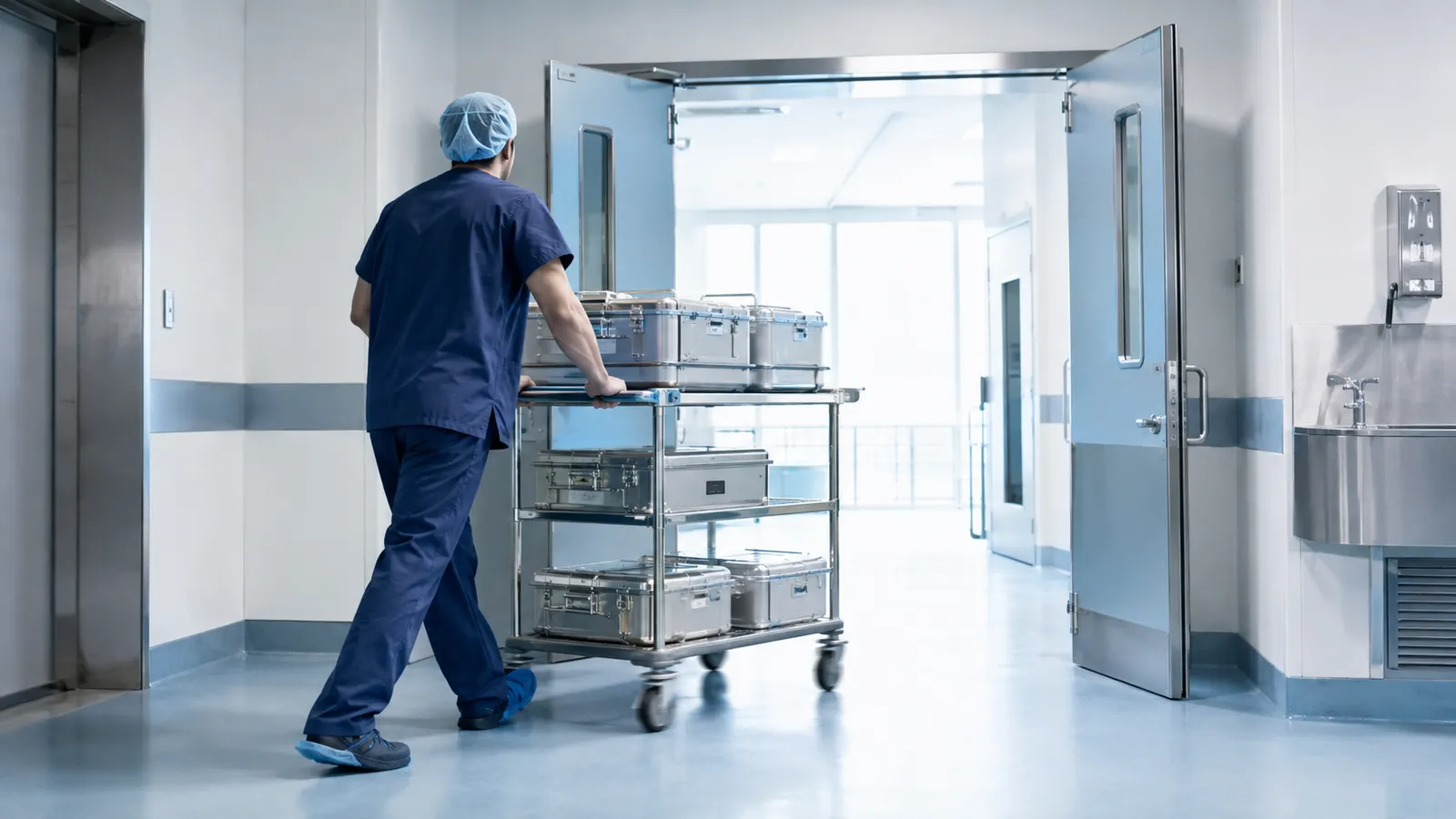 Sealed sterilisation containers moving through the surgical block