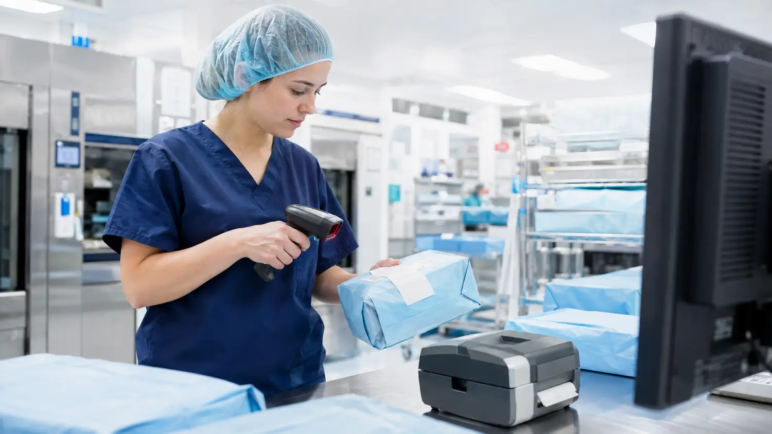 A technician scanning the label of a sterile-wrapped tray